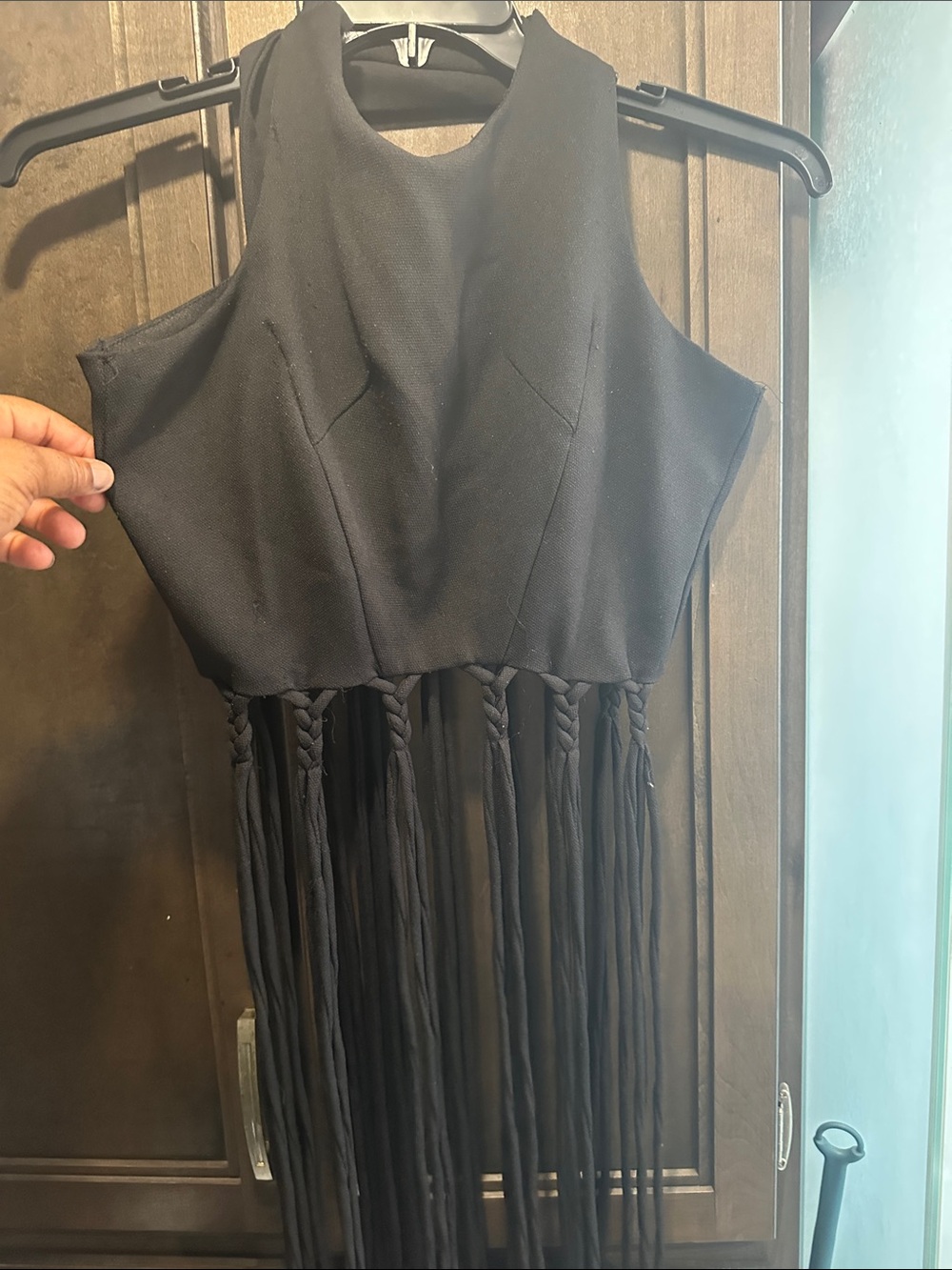 Black Halter Mini Dress with Braided Fringe